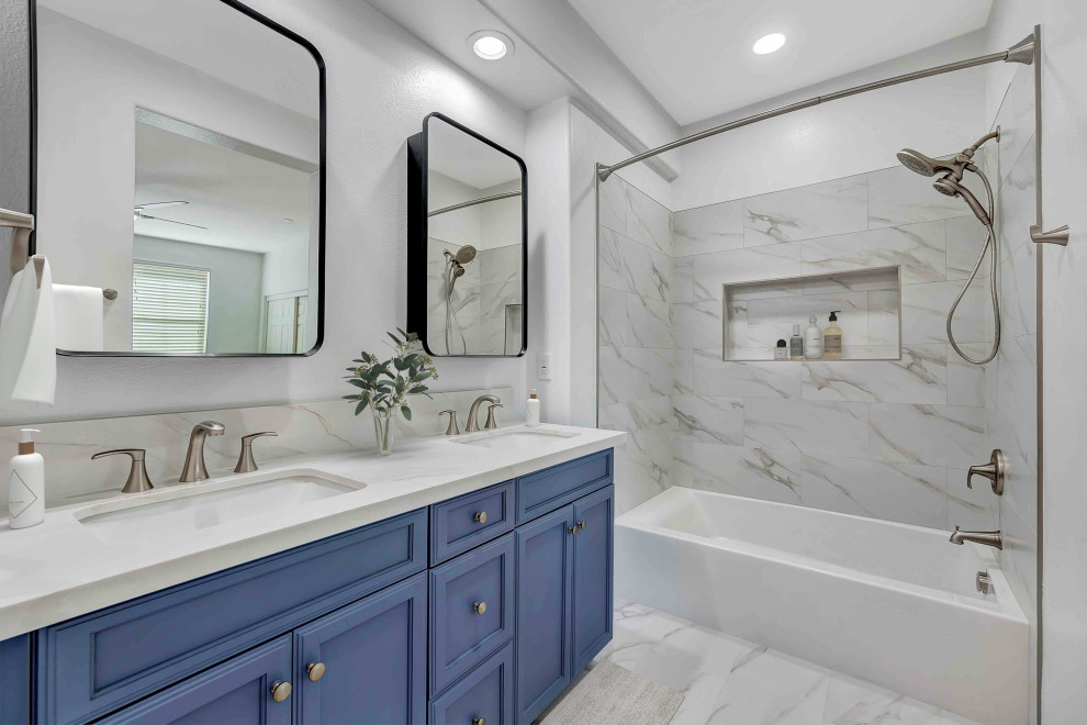 Chic Coastal Bathroom Makeover with Blue Vanity in Irvine ...
