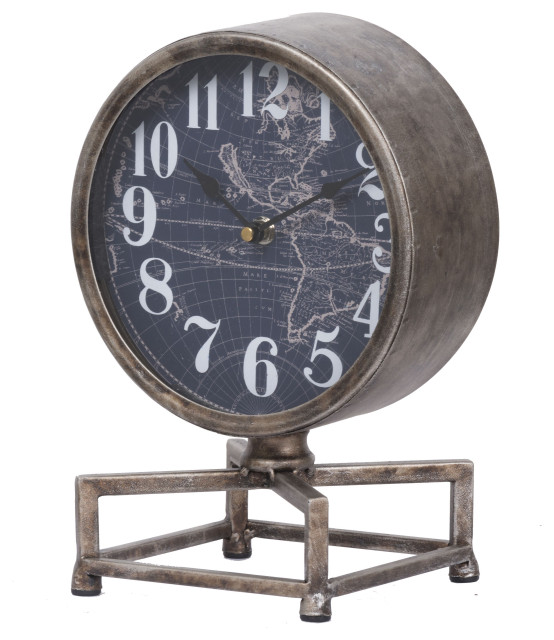 Metal Table Clock With Map Theme Background And Geometric Base, Gray ...