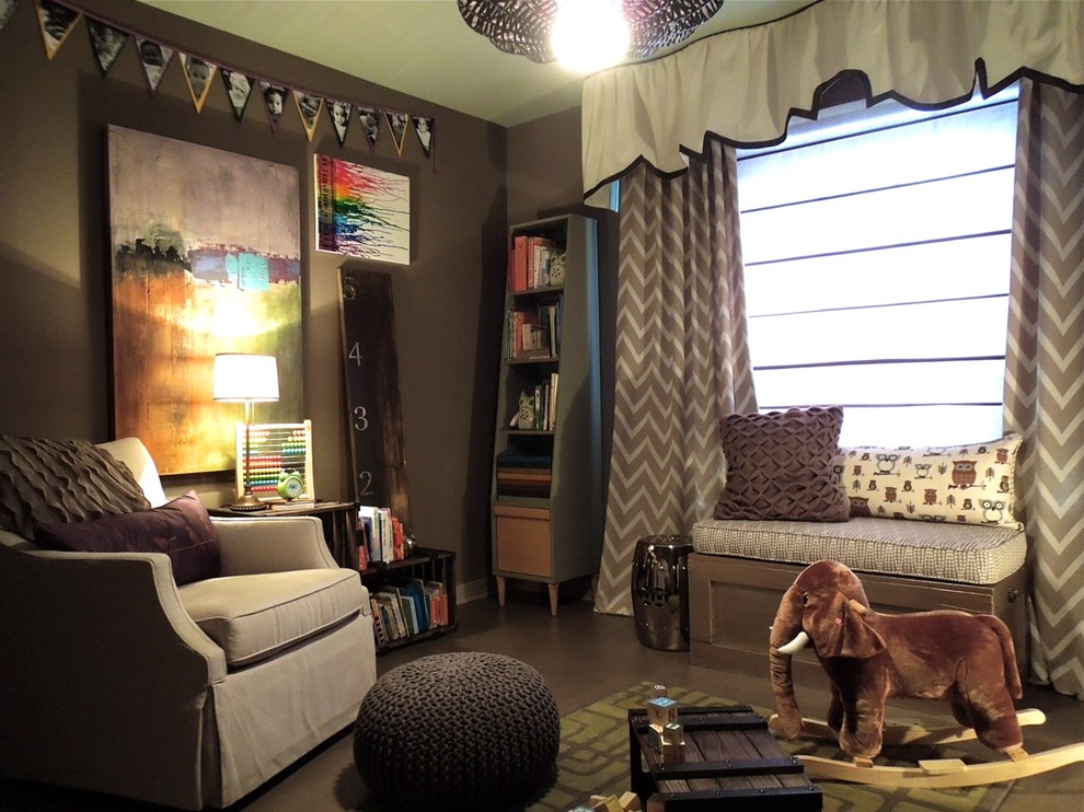 Photo of a mid-sized modern gender-neutral kids' room in New Orleans with brown walls, concrete floors and brown floor.