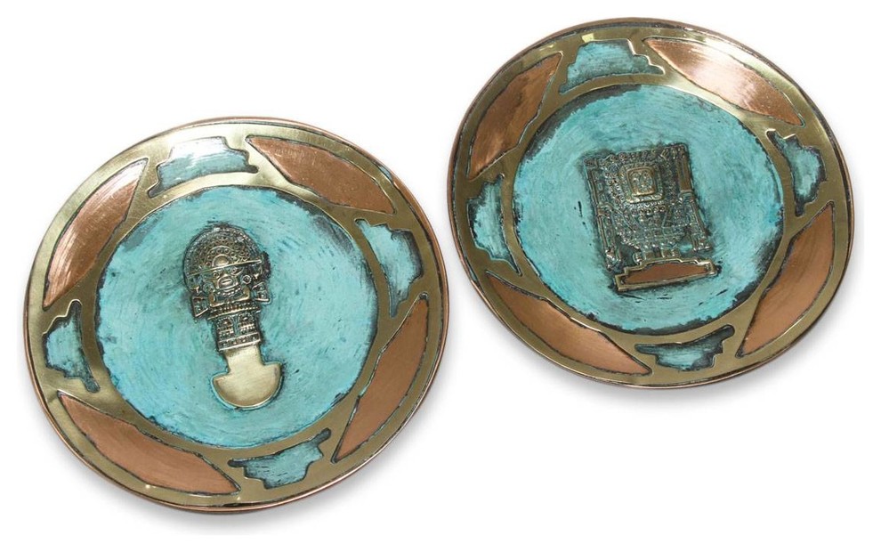 Novica Wiracocha and Tumi Copper and Bronze Plates, Set of 2