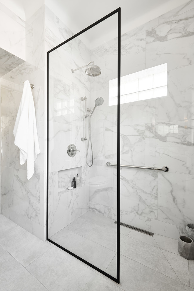 Inspiration for a mid-sized transitional 3/4 bathroom in Vancouver with shaker cabinets, grey cabinets, an alcove shower, gray tile, porcelain tile, grey walls, engineered quartz benchtops, grey floor, a hinged shower door and white benchtops.