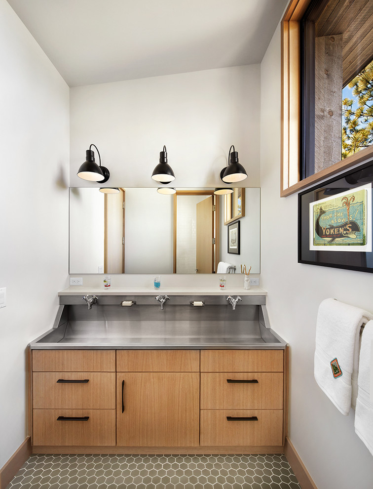Design ideas for a transitional master bathroom in Sacramento with a trough sink, flat-panel cabinets, medium wood cabinets, engineered quartz benchtops, grey walls and porcelain floors.