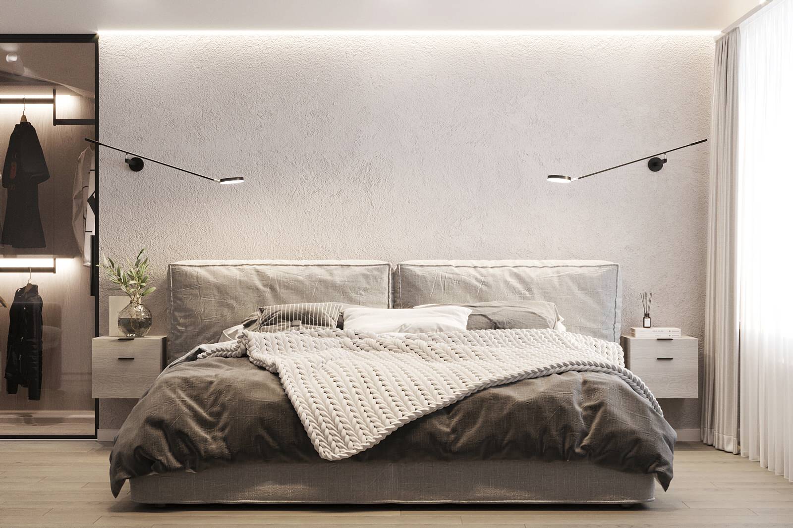 Белые интерьеры спальни и ванной комнаты