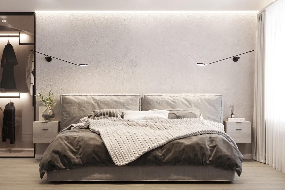 Белые интерьеры спальни и ванной комнаты