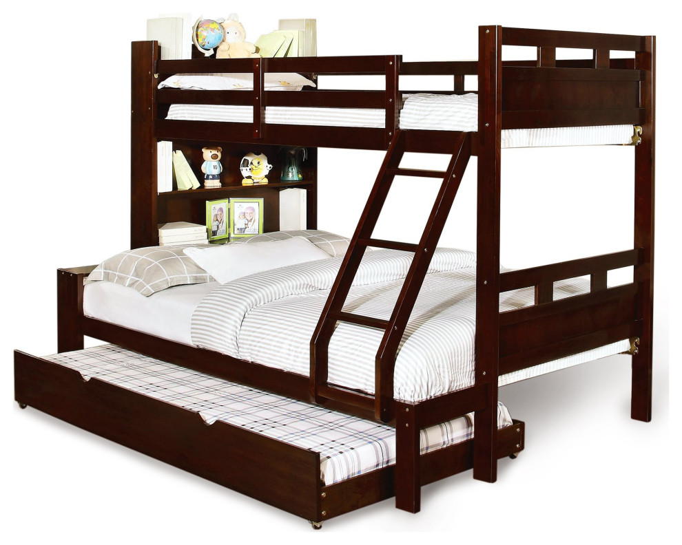 Transitional Twin / Full Bunk Bed, Bookcase Headboard Transitional
