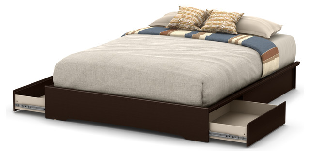 South Shore Basic Queen Platform Bed, 60" With 2 Drawers, Chocolate