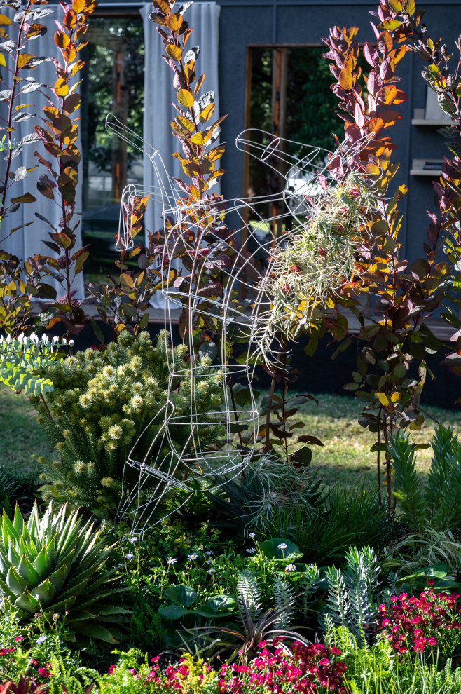 Kleiner, Halbschattiger Moderner Garten im Frühling, hinter dem Haus mit Blumenbeet und Mulch in Melbourne