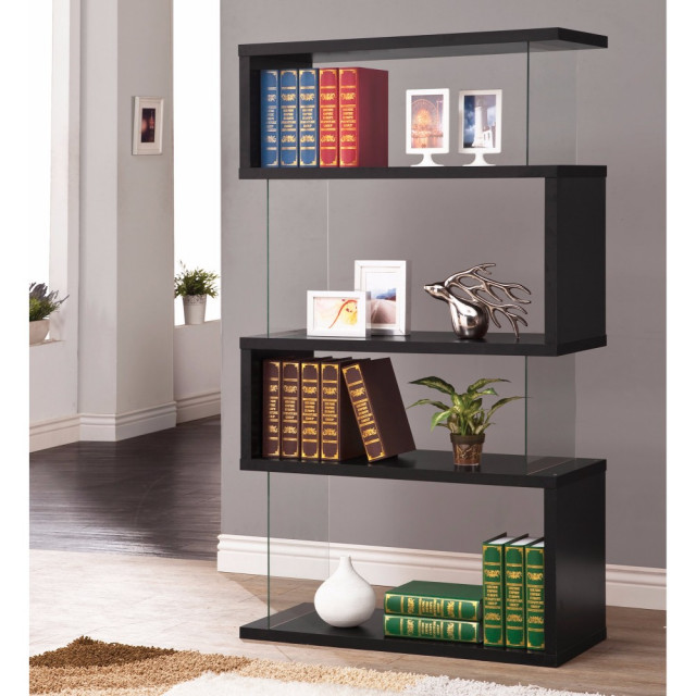 Asymmetrical Snaking Wooden Bookcase, Black Contemporary Bookcases