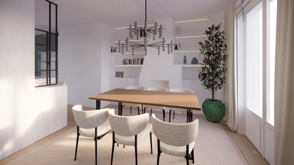 Foto de comedor minimalista abierto con suelo de madera en tonos medios y todas las chimeneas