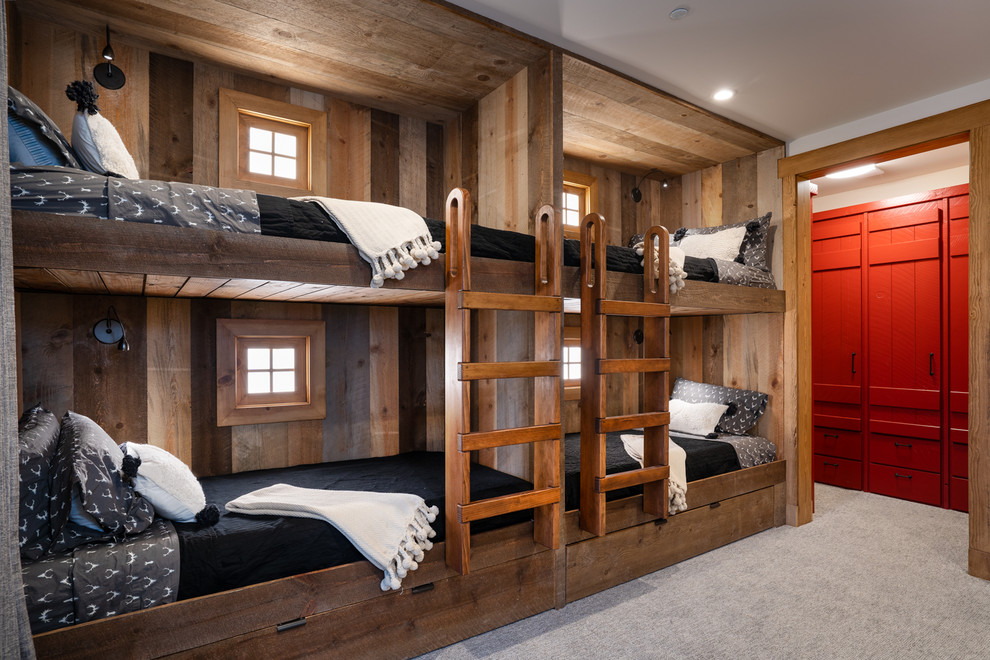 Inspiration for a mid-sized rustic carpeted and gray floor bedroom remodel with white walls