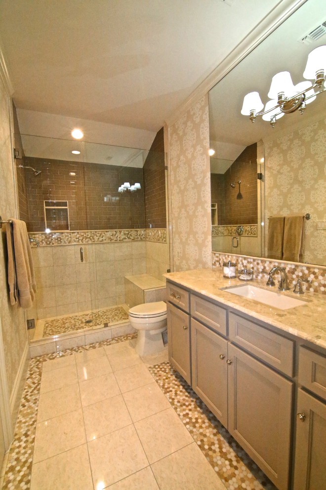 Photo of a mid-sized traditional 3/4 bathroom in Dallas with shaker cabinets, an alcove shower, multi-coloured tile, ceramic tile, ceramic floors, an undermount sink and granite benchtops.