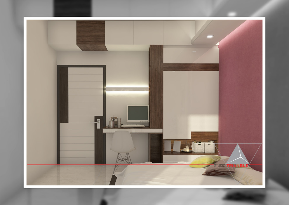 Mid-sized minimalist guest ceramic tile and white floor bedroom photo with multicolored walls