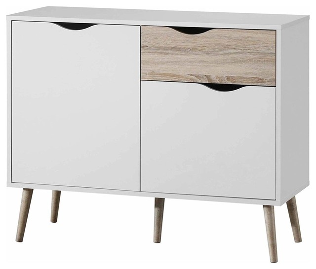 Modern Sideboard, White Finished Wood With Tapered Legs, 2-Door and Drawer