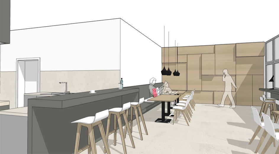 Bobst Kantine Mitarbeiterbereich Mittagspause Office Büro Planung Umplanung Modernisierung Interior Design NRW Krefeld Meerbusch Architektur Innenarchitektur Gestaltung 3D Akustik Küche Mensa