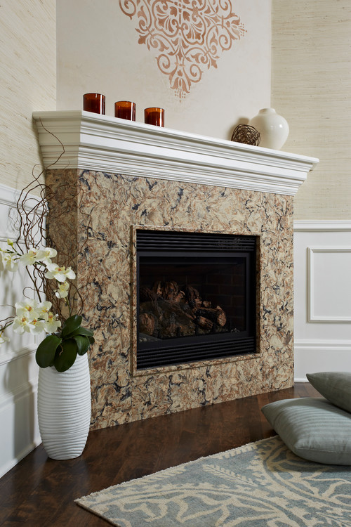 This exceptional fireplace was created using Cambria's Bradshaw Quartz