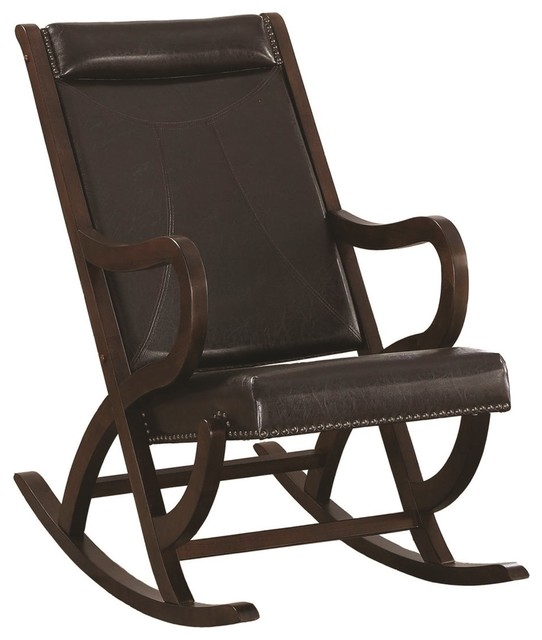 Faux Leather Upholstered Wooden Rocking Chair With Looped Arms, Brown