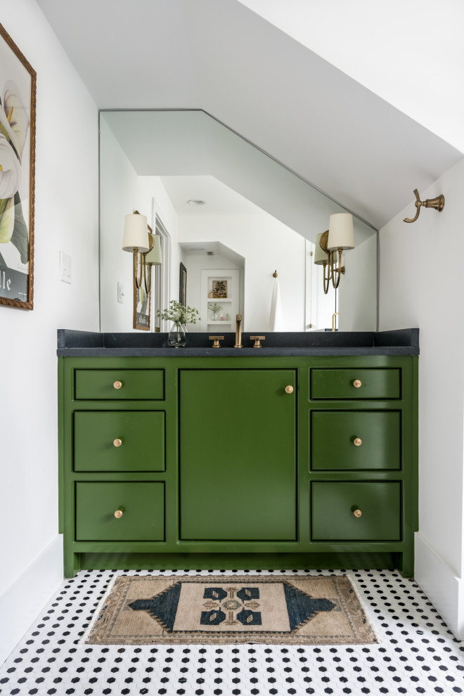 Mid-sized farmhouse kids' green tile and terra-cotta tile ceramic tile, gray floor and single-sink double shower photo in Nashville with recessed-panel cabinets, green cabinets, a two-piece toilet, blue walls, an undermount sink, marble countertops, a hinged shower door, gray countertops and a built-in vanity