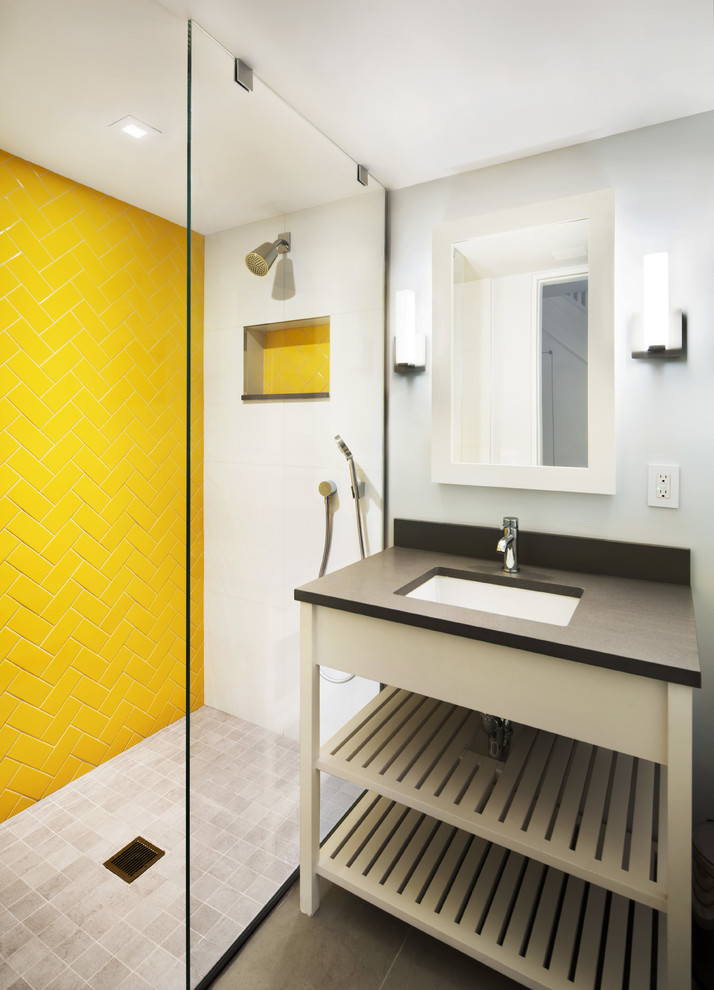 Inspiration for a small contemporary 3/4 bathroom in New York with an undermount sink, open cabinets, white cabinets, engineered quartz benchtops, an open shower, yellow tile, ceramic tile, grey walls and slate floors.