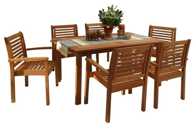 Amazonia Milano 7 Piece Rectangular Patio Dining Set Eucalyptus Wood Transitional Outdoor Dining Sets By Homesquare