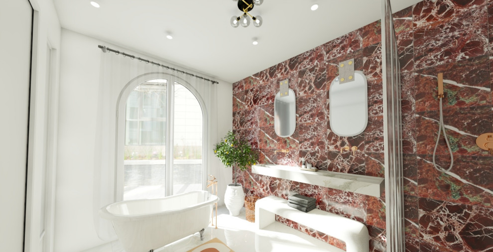 Photo of a medium sized classic ensuite bathroom in Nice with a claw-foot bath, a built-in shower, red tiles, marble tiles, a wall-mounted sink, marble worktops, white floors, white worktops, double sinks, a two-piece toilet, white walls, light hardwood flooring and an open shower.