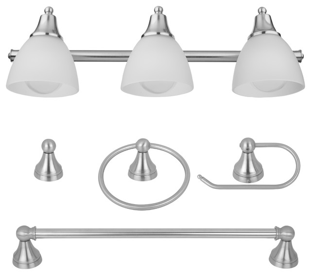 5 Piece Estorial Brushed Steel All In One Bath Set Transitional Bathroom Vanity Lighting By Buildcom Houzz 5 Piece Estorial Brushed Steel All In, Black Bathroom Vanity Light Set