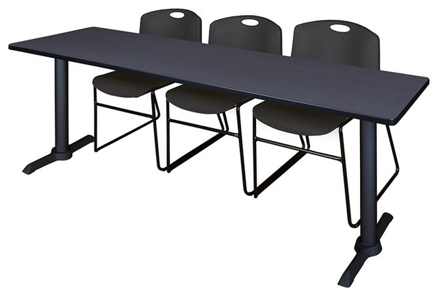 Cain 84"x24" Training Table, Gray and 3 Zeng Stack Chairs, Black
