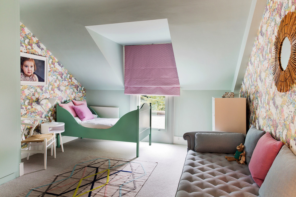 Contemporary kids' room in London with carpet, wallpaper, grey walls, beige floor and vaulted for girls.