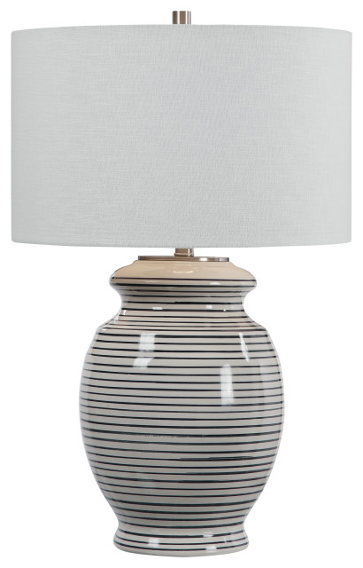 Luxe Navy Blue Off White Striped, Round Ceramic Table Lamp