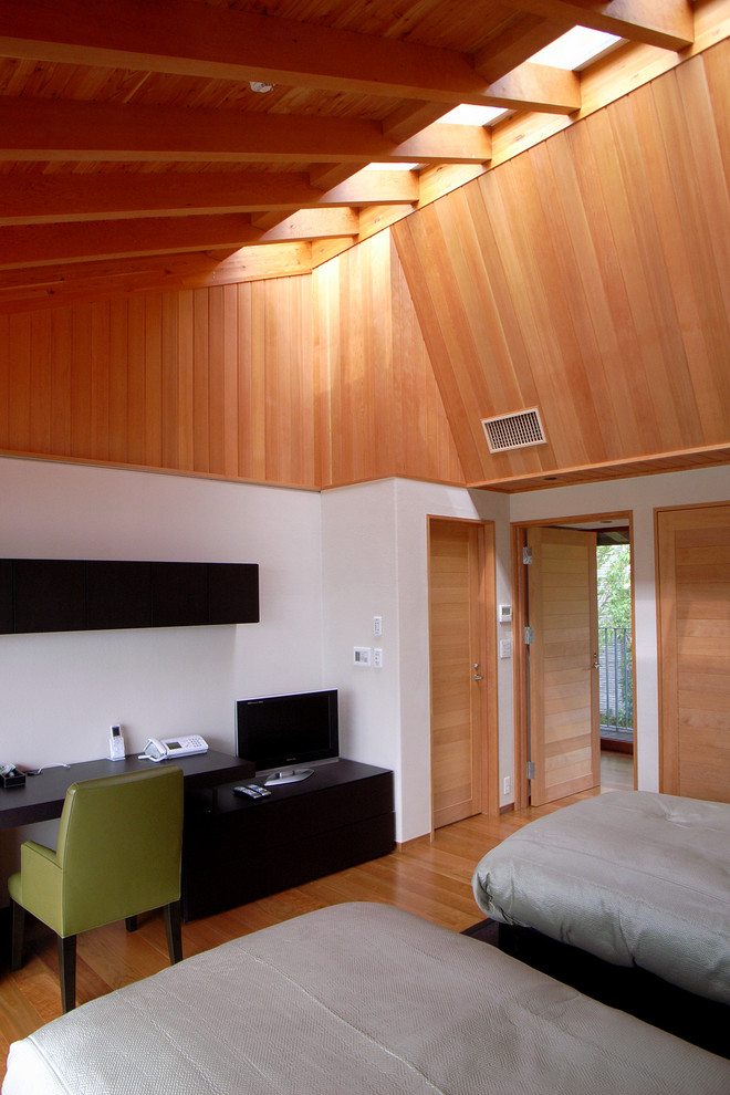 Imagen de dormitorio principal moderno de tamaño medio con paredes blancas, suelo de contrachapado y suelo marrón