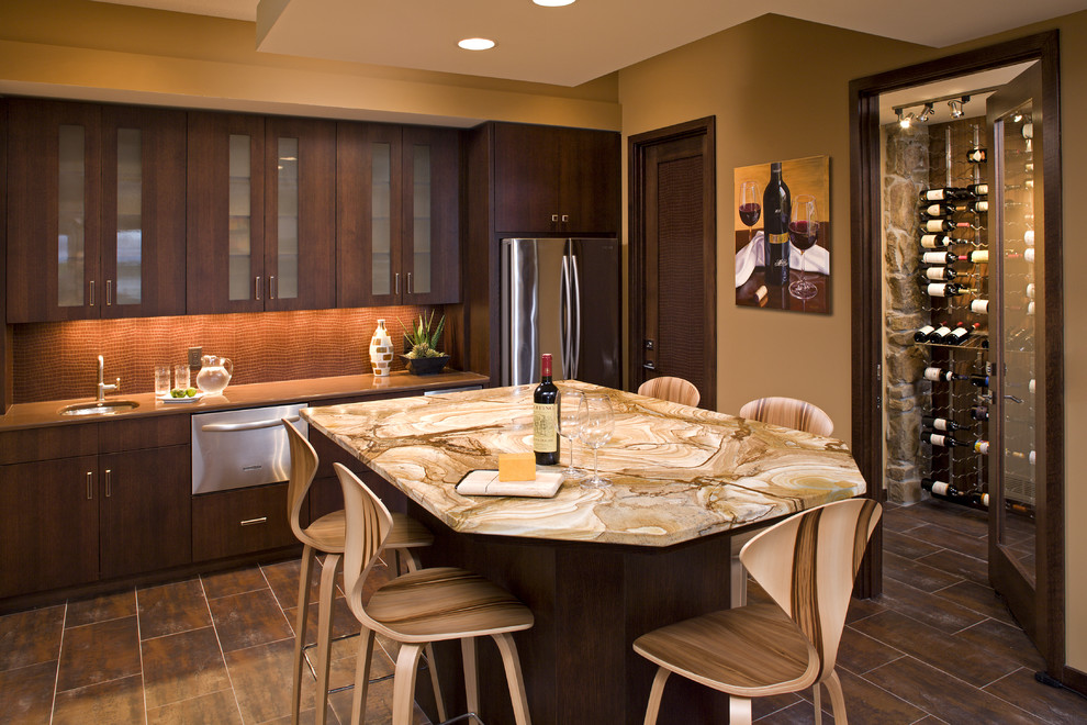 Contemporary eat-in kitchen in Minneapolis with an undermount sink, glass-front cabinets and dark wood cabinets.