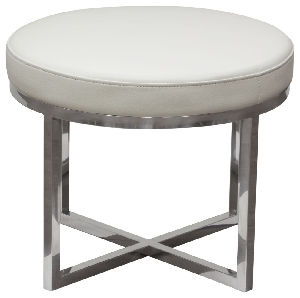 Round Accent Stool with Padded Seat White Bonded Leather and Steel Base