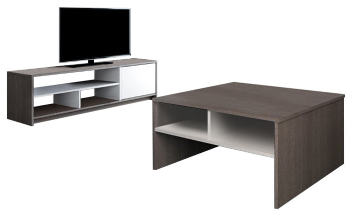 Small Space 2 Piece Storage Coffee Table And Tv Stand Set Bark Gray And White