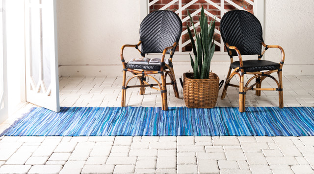 Unique Loom Navy Blue Striped Chindi Cotton 2'7x6'7 Runner Rug