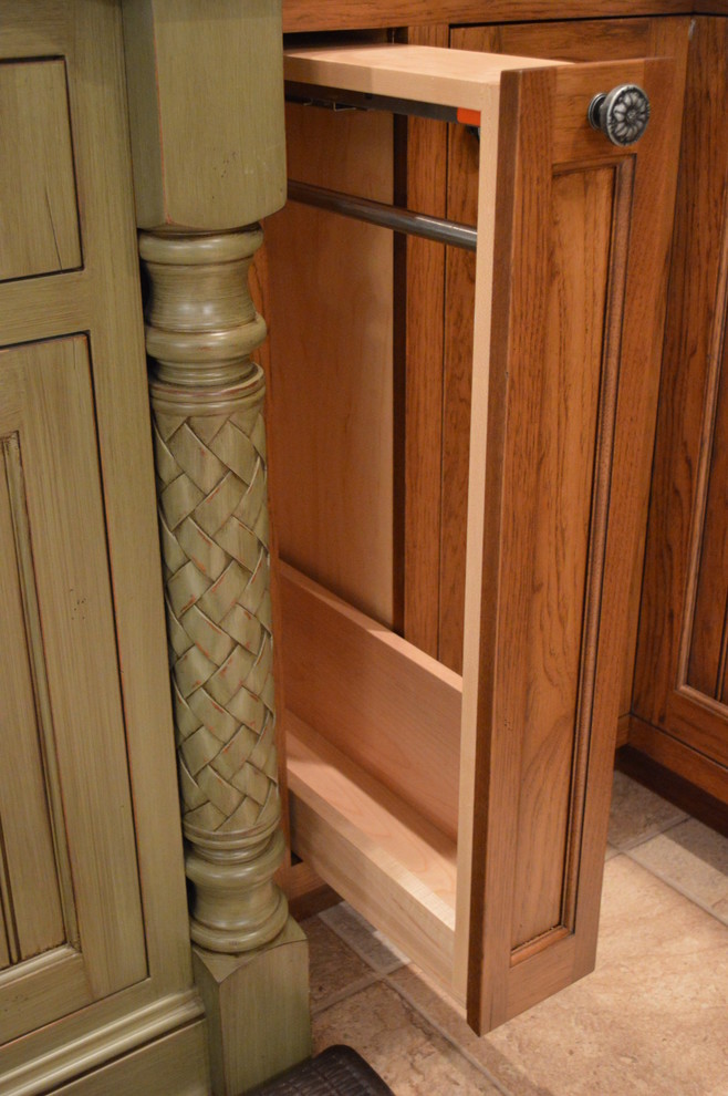 Enclosed kitchen - large rustic l-shaped ceramic tile and beige floor enclosed kitchen idea in Philadelphia with a double-bowl sink, recessed-panel cabinets, dark wood cabinets, granite countertops and stainless steel appliances