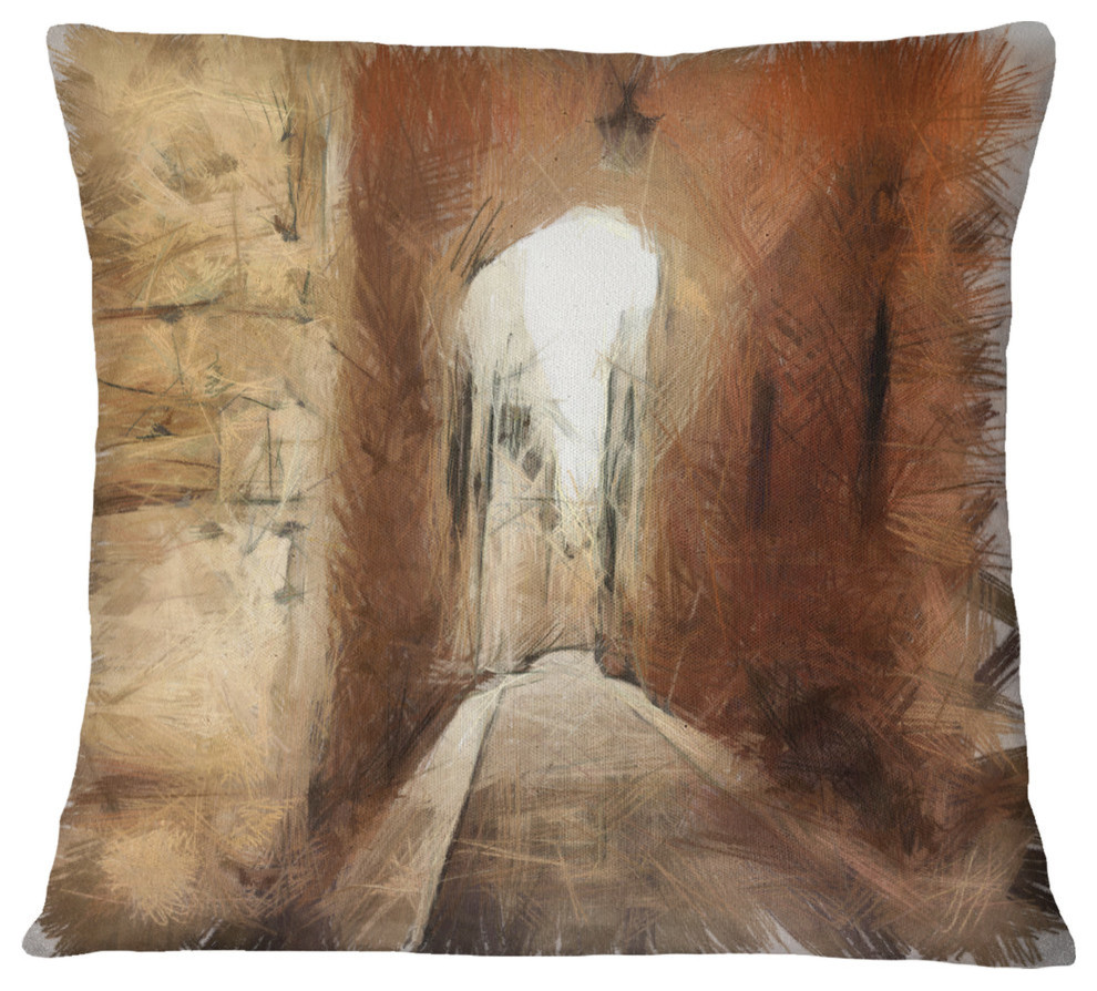 Brown Old City Street Drawing Landscape Throw Pillow Contemporary Decorative Pillows By Design Art Usa
