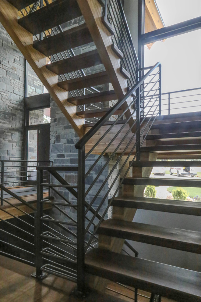 Staircase - large transitional wooden u-shaped mixed material railing staircase idea with wooden risers