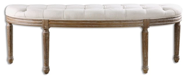 Off White Demilune Bench, Tufted Solid Wood