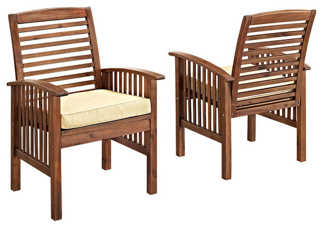 Dark Brown Acacia Patio Chairs With Cushions Set Of 2 Transitional Outdoor Lounge By Walker Edison Houzz - Walker Edison Outdoor Furniture Sets Uk