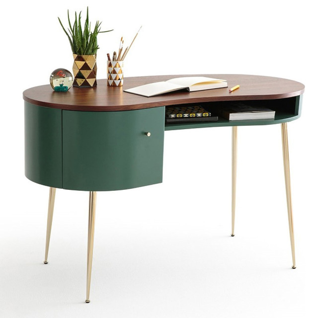 Mid Century Curved Office Desk Computer Desk With Shelves Storage Gold Legs Midcentury Desks And Hutches By Goeya Llc
