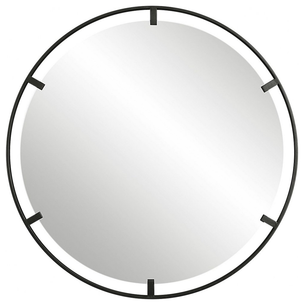 Modern Round Floating Wall Mirror in Satin Black Refined Iron Frame and