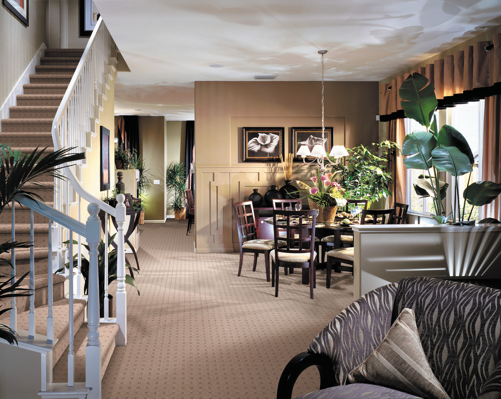 Example of a transitional carpeted great room design in Phoenix with beige walls