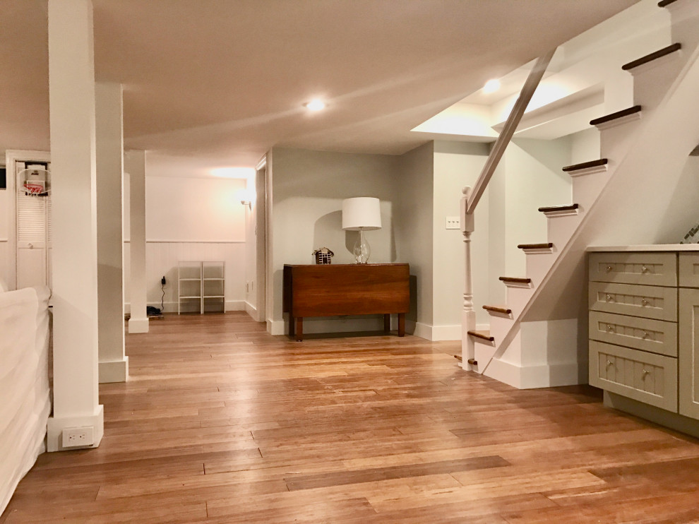 Photo of a mid-sized contemporary fully buried basement in Boston with a home bar, bamboo floors, a plaster fireplace surround and decorative wall panelling.