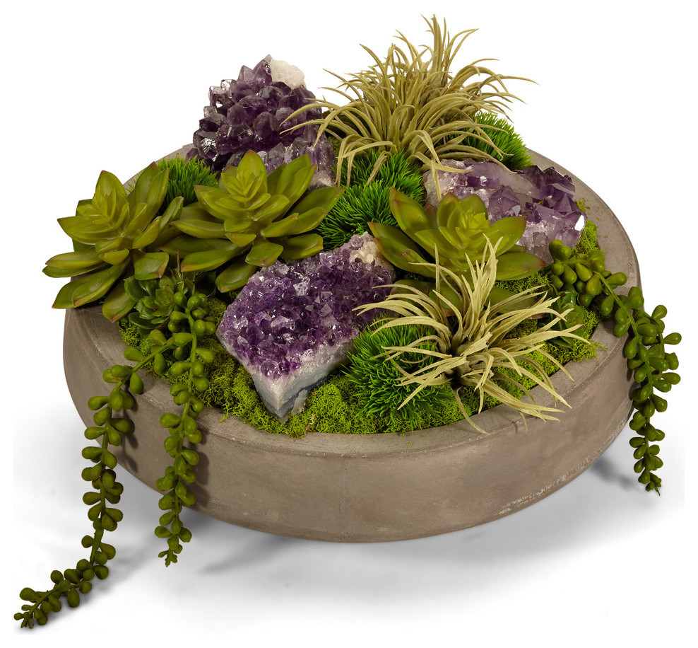 Artificial Succulents and Quartz in Concrete Bowl, Purple