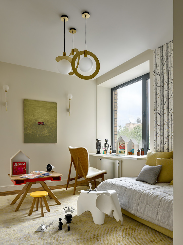 Design ideas for a contemporary gender-neutral kids' bedroom in Moscow with beige walls, carpet and beige floor.