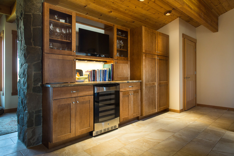 Large transitional l-shaped travertine floor open concept kitchen photo in Portland with an undermount sink, recessed-panel cabinets, medium tone wood cabinets, granite countertops, multicolored backsplash, stainless steel appliances and an island