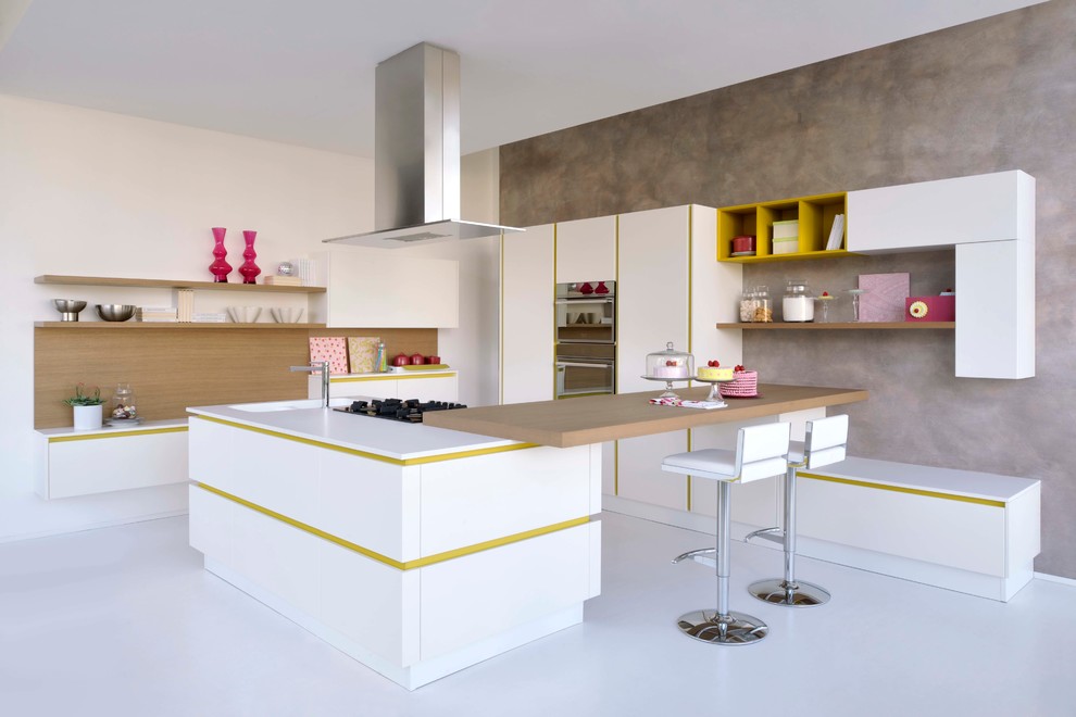 Example of a trendy kitchen design in Los Angeles with open cabinets and an island