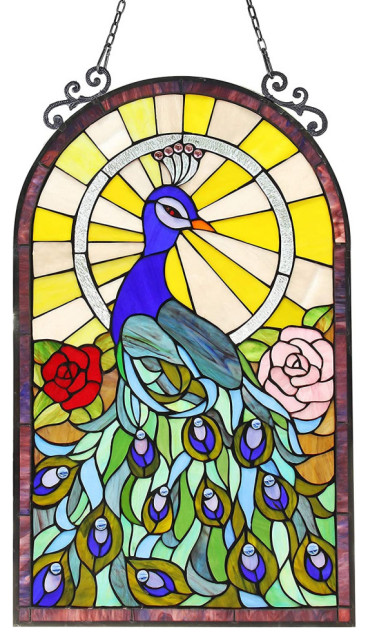 Chloe Lighting India Tiffany-Glass Peacock Window Panel 24X38