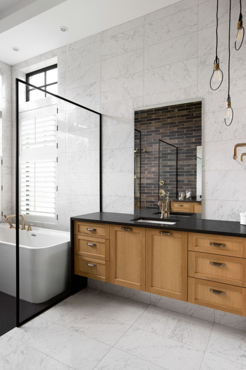 Wood Floating Vanity With White Marble Tiles