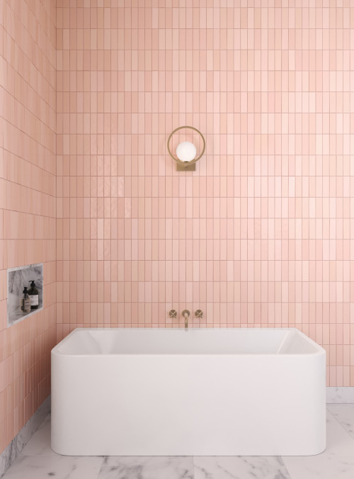 Contemporary Pink Bathroom Ideas with White Freestanding Tub