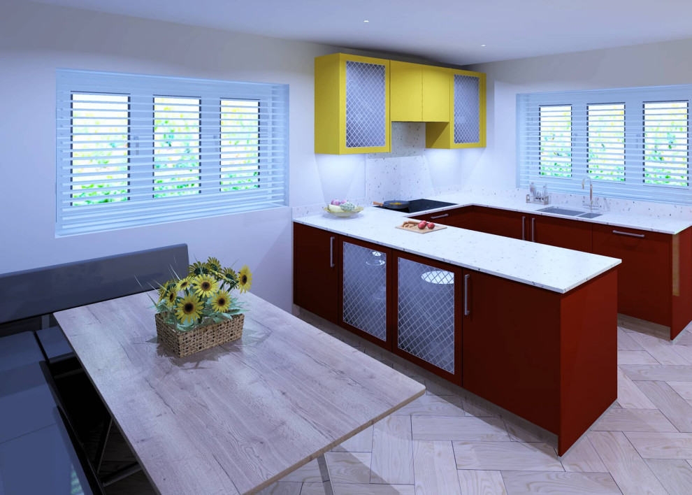 Источник вдохновения для домашнего уюта: п-образная кухня среднего размера в современном стиле с обеденным столом и плоскими фасадами